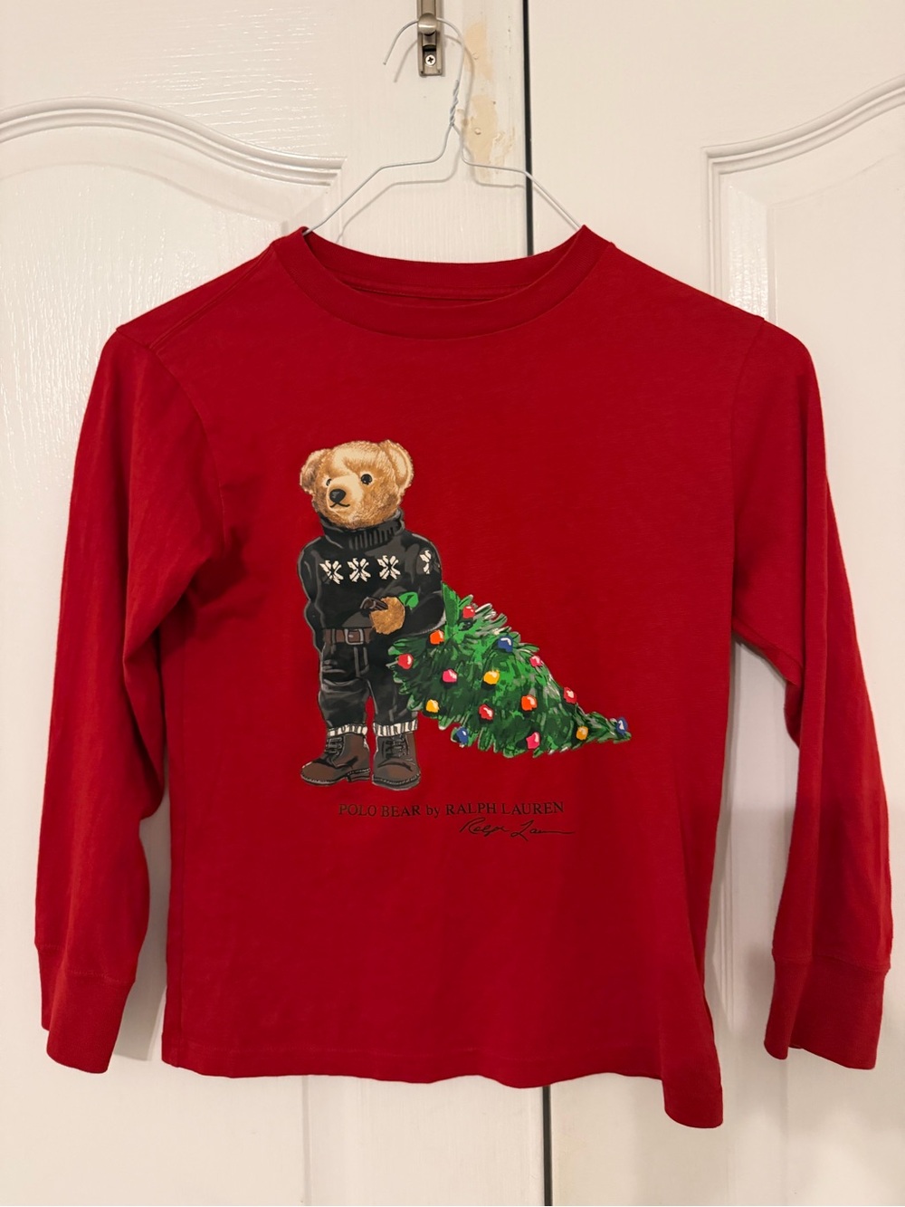 Polo by Ralph Lauren Red Long-Sleeve Tee with Bear & Christmas Tree Graphic